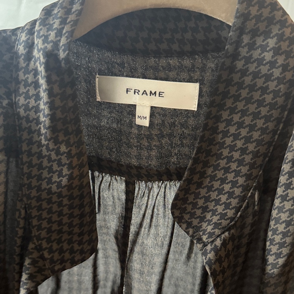 Frame Denim Black and Gray Houndstooth Puff-Sleeve Shirt